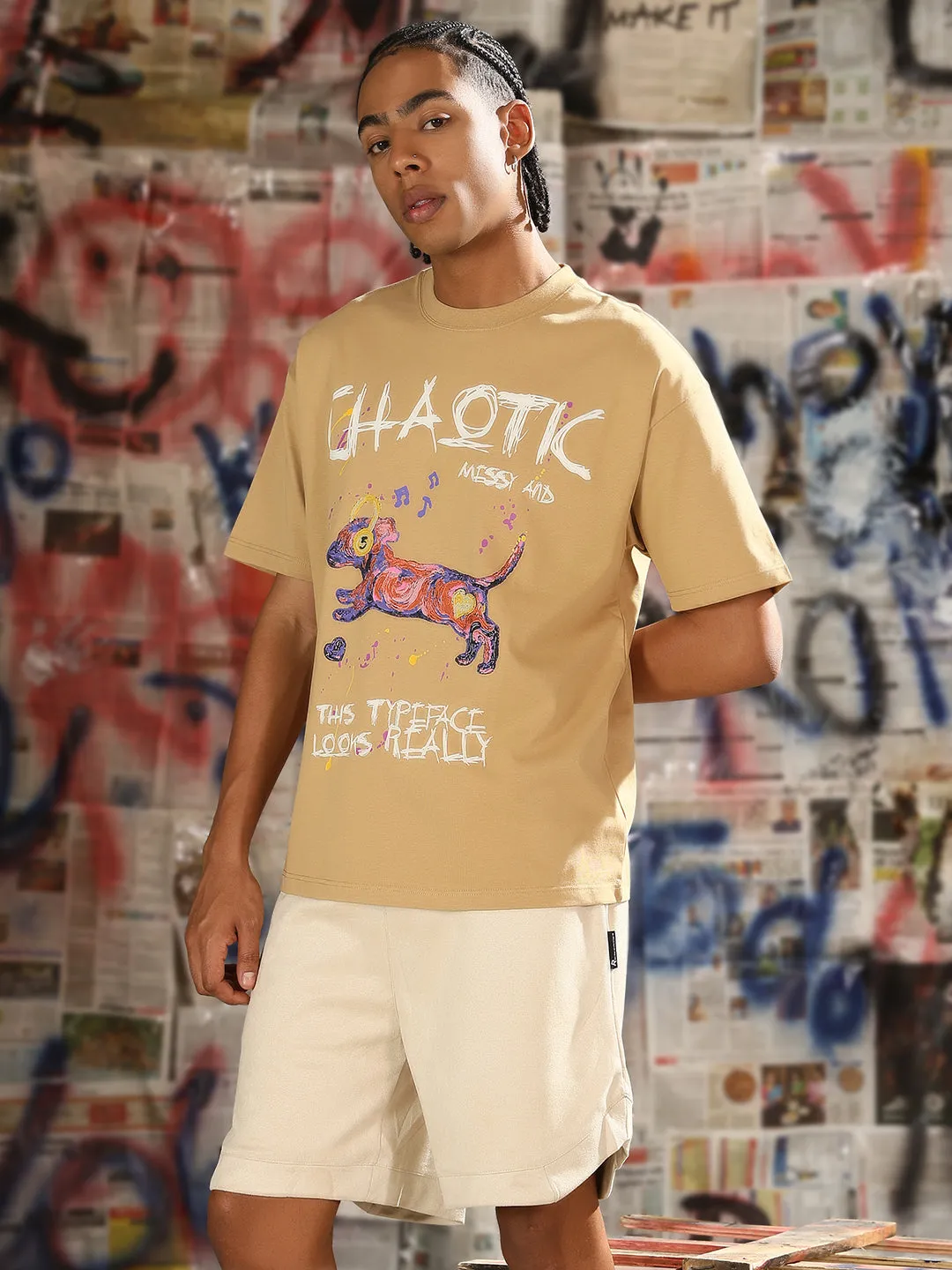 Stylish Blouse Regular Fit Men's Graphic Printed Beige Relaxed Fit T-Shirt