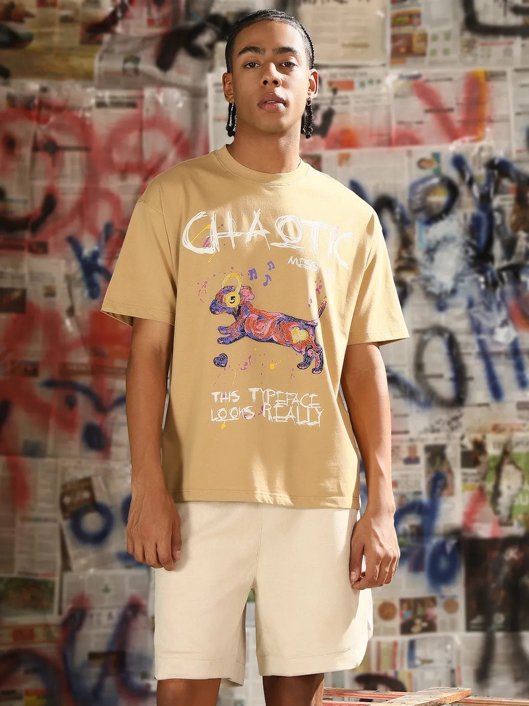 simple design Web Glow Men's Graphic Printed Beige Relaxed Fit T-Shirt