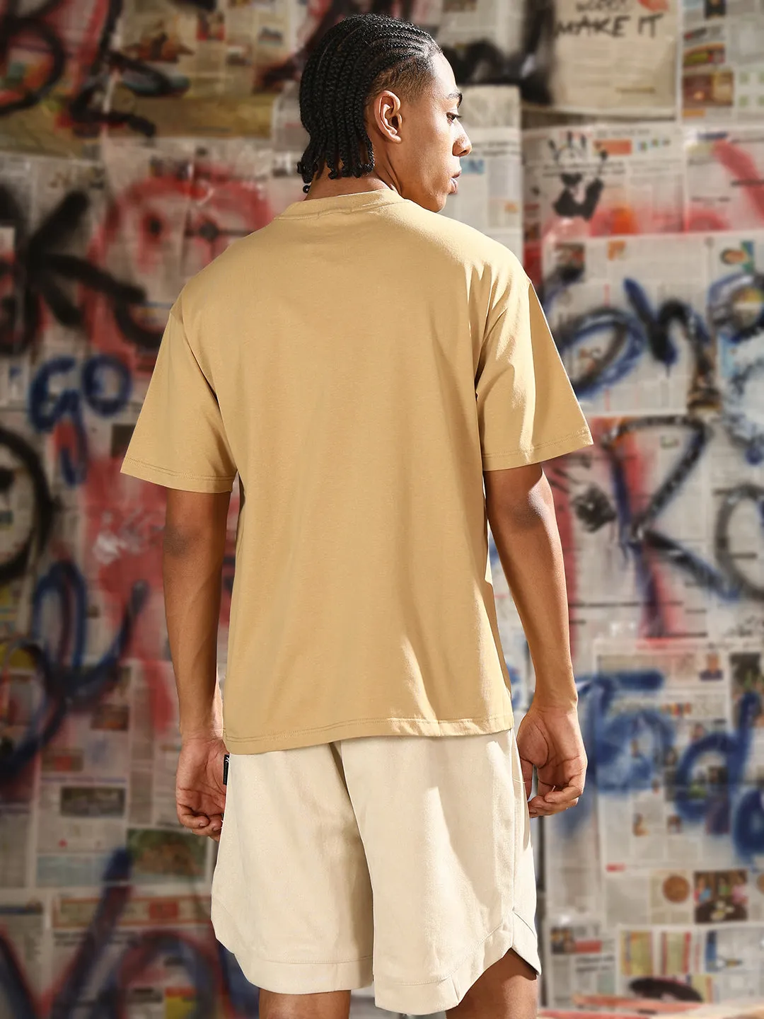 Men's Graphic Printed Beige Relaxed Fit T-Shirt MultiPocket System Glam Night