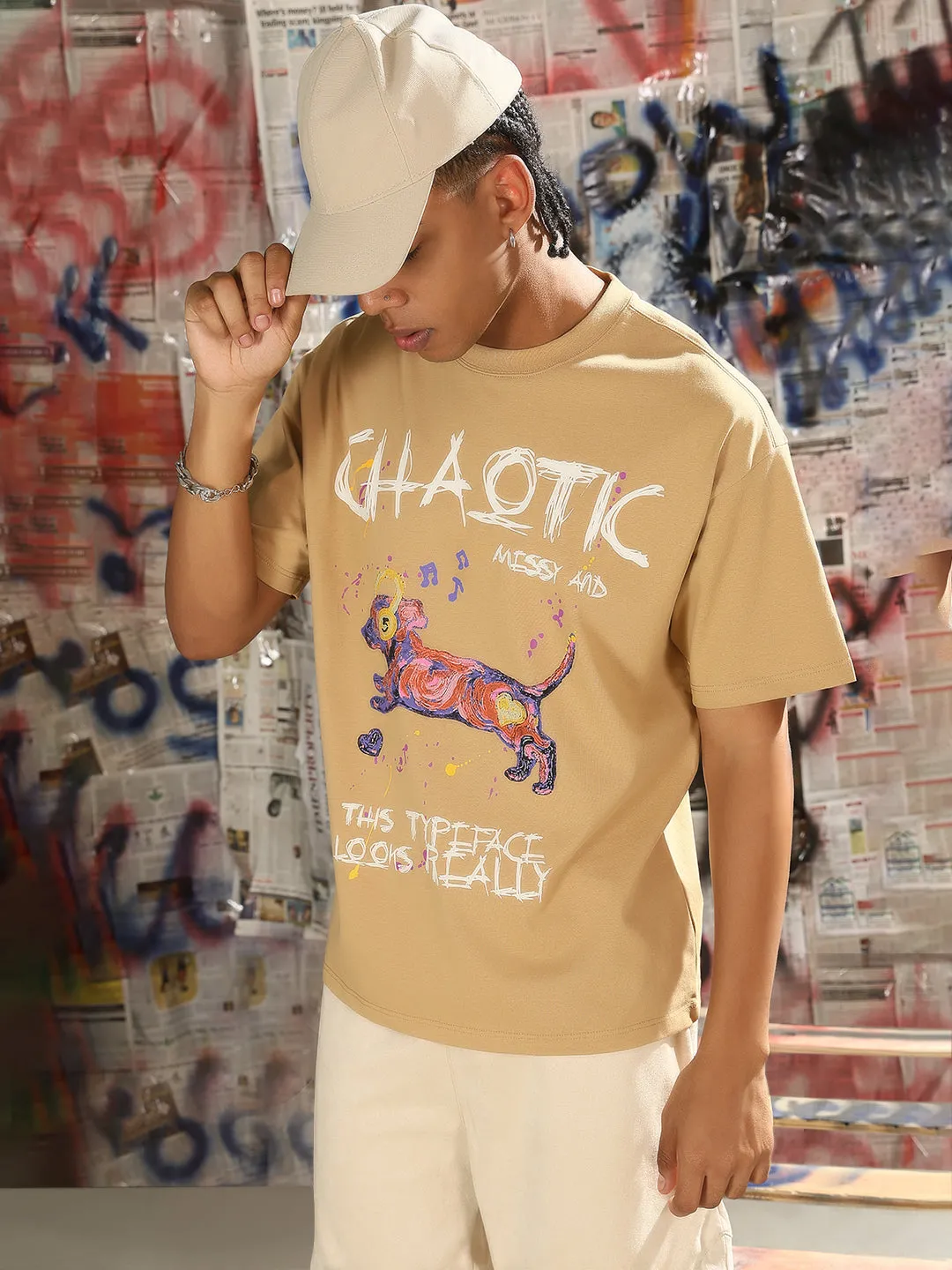 Dry Touch Men's Graphic Printed Beige Relaxed Fit T-Shirt