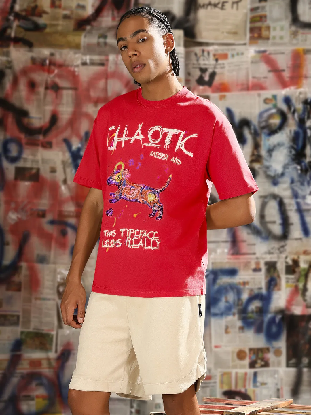 Men's Graphic Printed Pink Relaxed Fit T-Shirt AntiPillingCloth