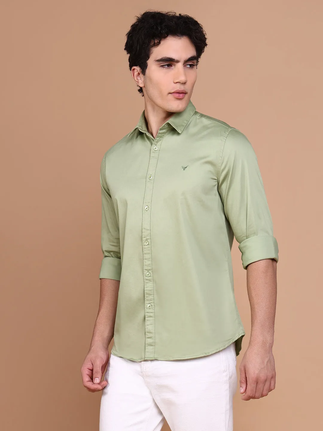 Men's Green Casual Solid Shirt Adjustable Hem