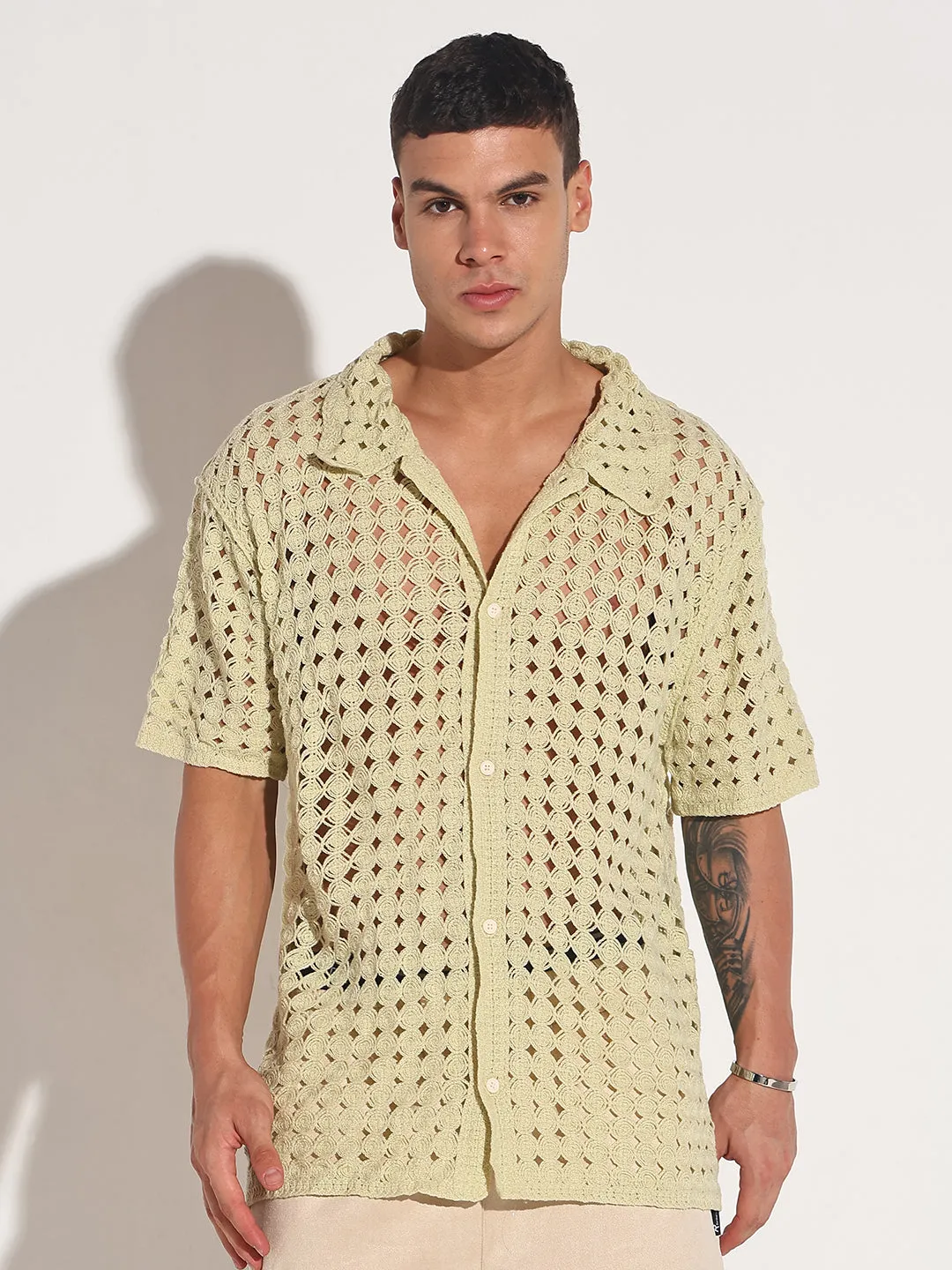 Men's Green Crochet Open Weave Short Sleeve Shirt Colorfast Technology Harbor Style