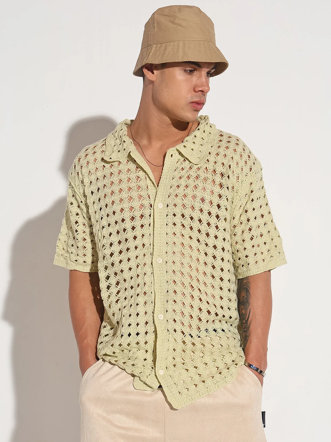 Ethical Mode Men's Green Crochet Open Weave Short Sleeve Shirt