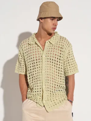 Ethical Mode Men's Green Crochet Open Weave Short Sleeve Shirt