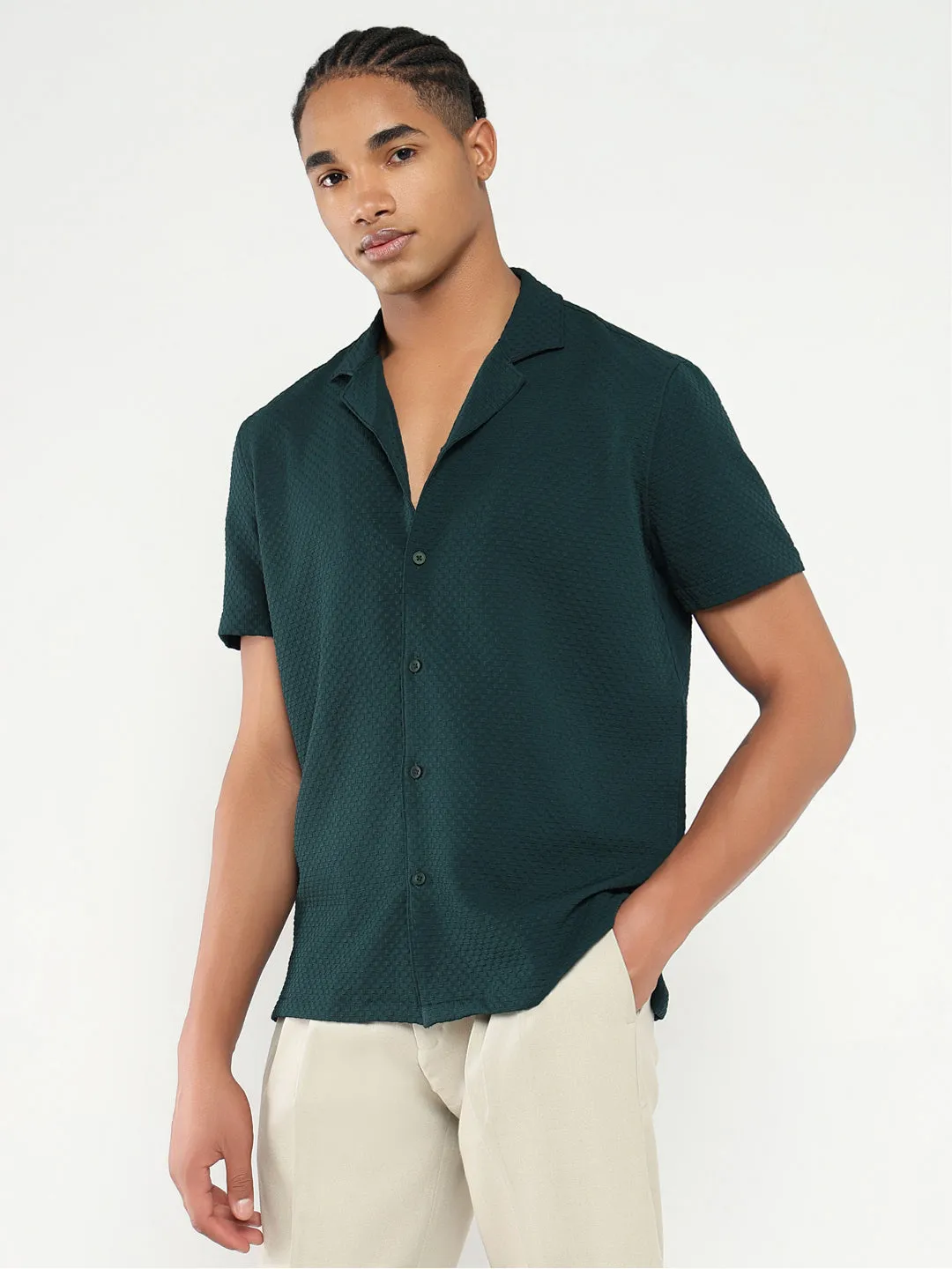 Soft Touch Weather Guard Men's Green Cuban Collar Solid Relaxed Fit Shirt