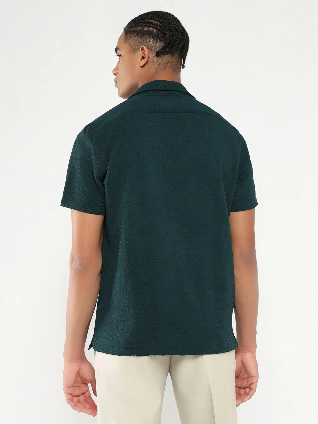 Men's Green Cuban Collar Solid Relaxed Fit Shirt Energy Flow