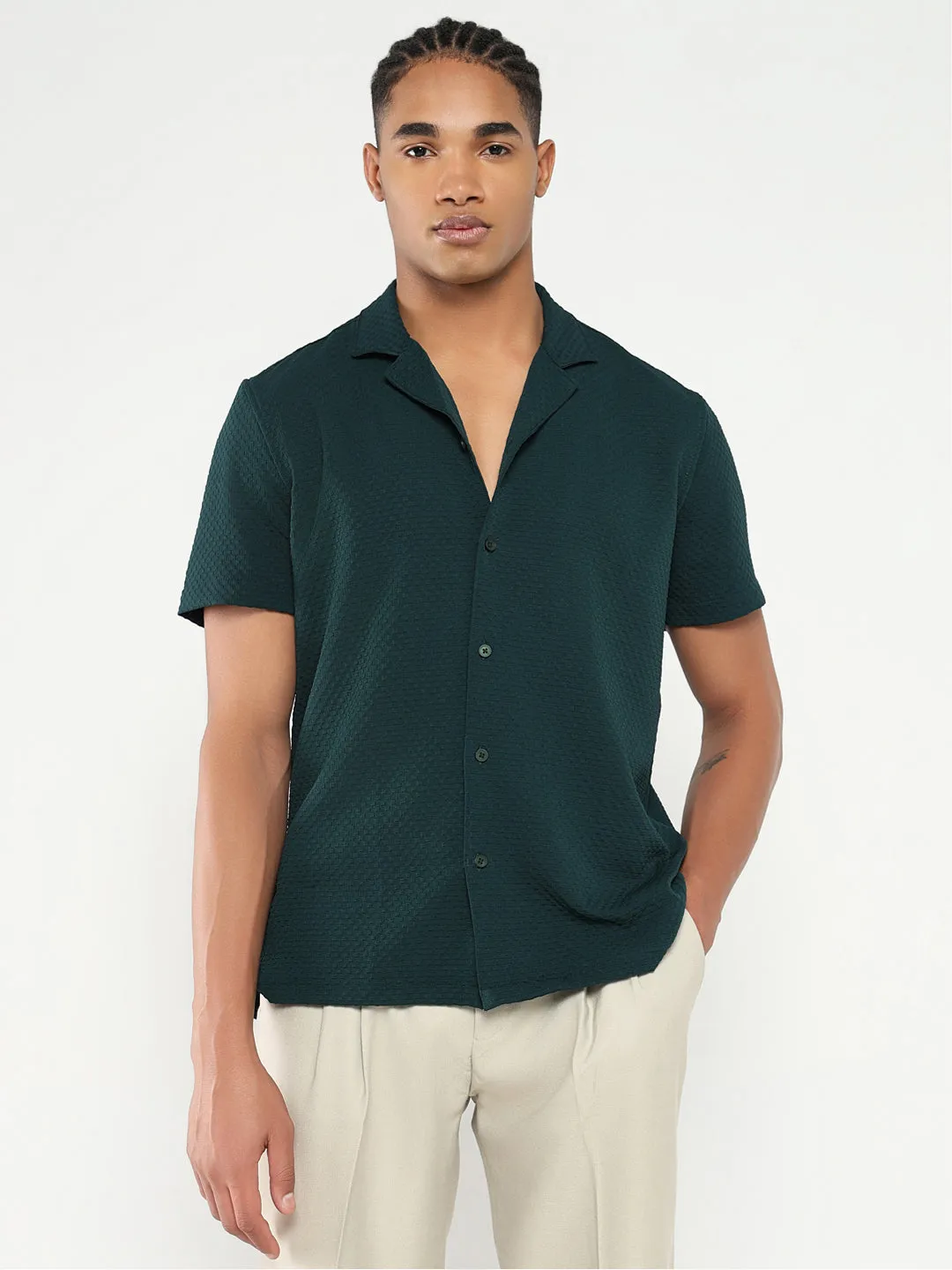 Body Free Sharp Cut Men's Green Cuban Collar Solid Relaxed Fit Shirt