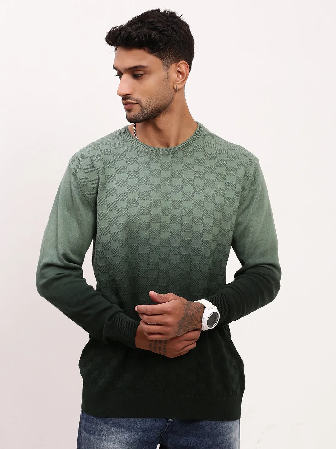 Men's Green Gradient knitted Round Neck Sweater Interlock Weave Quick drying material