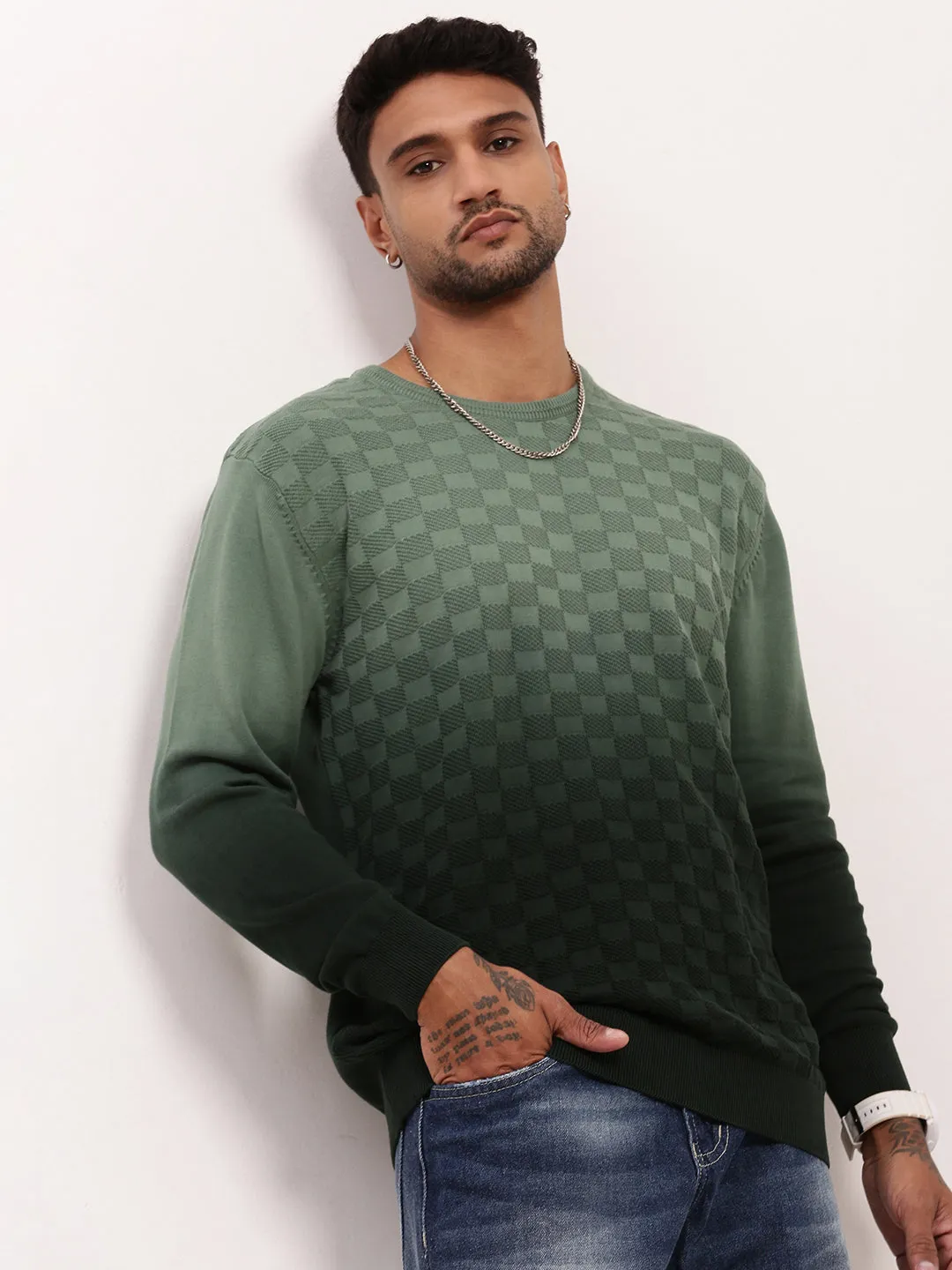 Men's Green Gradient knitted Round Neck Sweater Soft Finish Drop Shoulder
