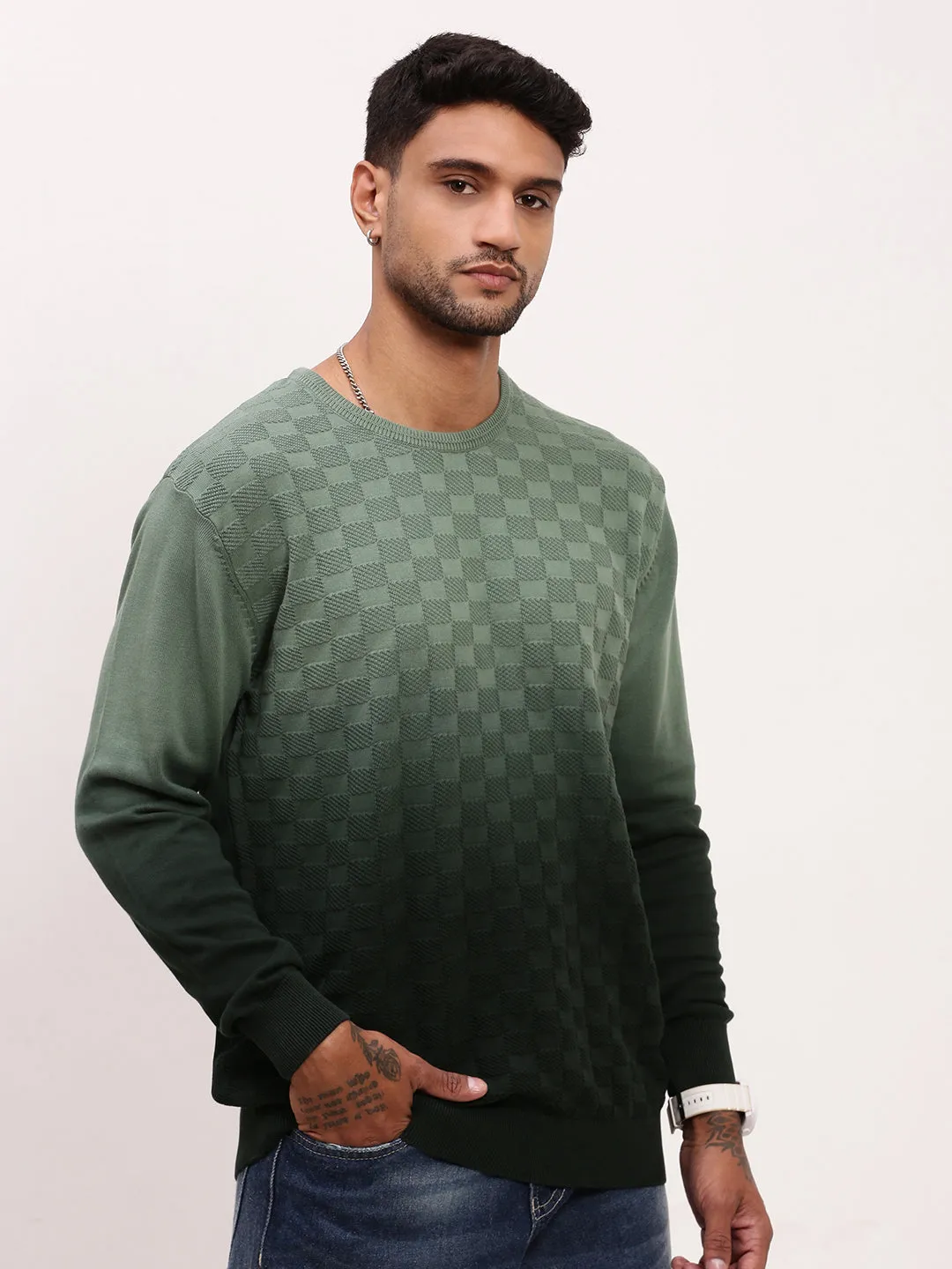 Natural Texture Men's Green Gradient knitted Round Neck Sweater