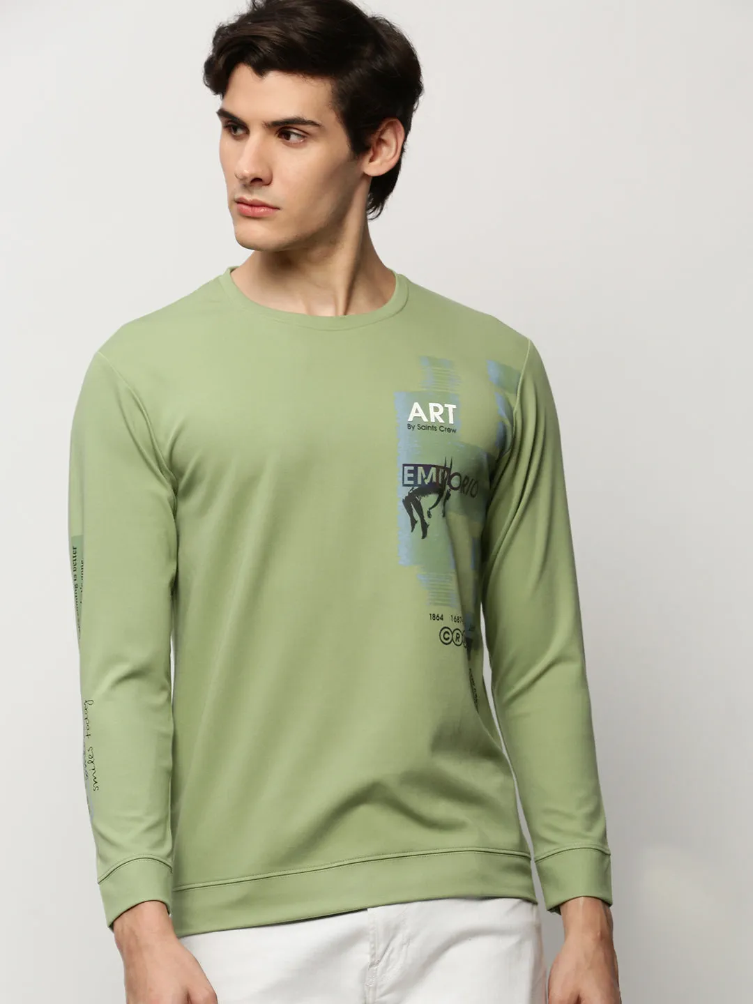 Men's Green Graphic Printed Cotton Sweatshirt adults' product duck cloth ruggedness
