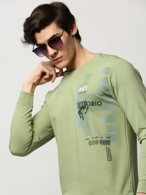 Casual Men's Green Graphic Printed Cotton Sweatshirt