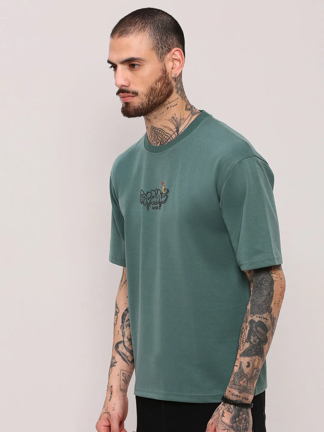 Men's Green Graphic Printed Regular Fit T-Shirt Pure Linen Blend Stylish Dress