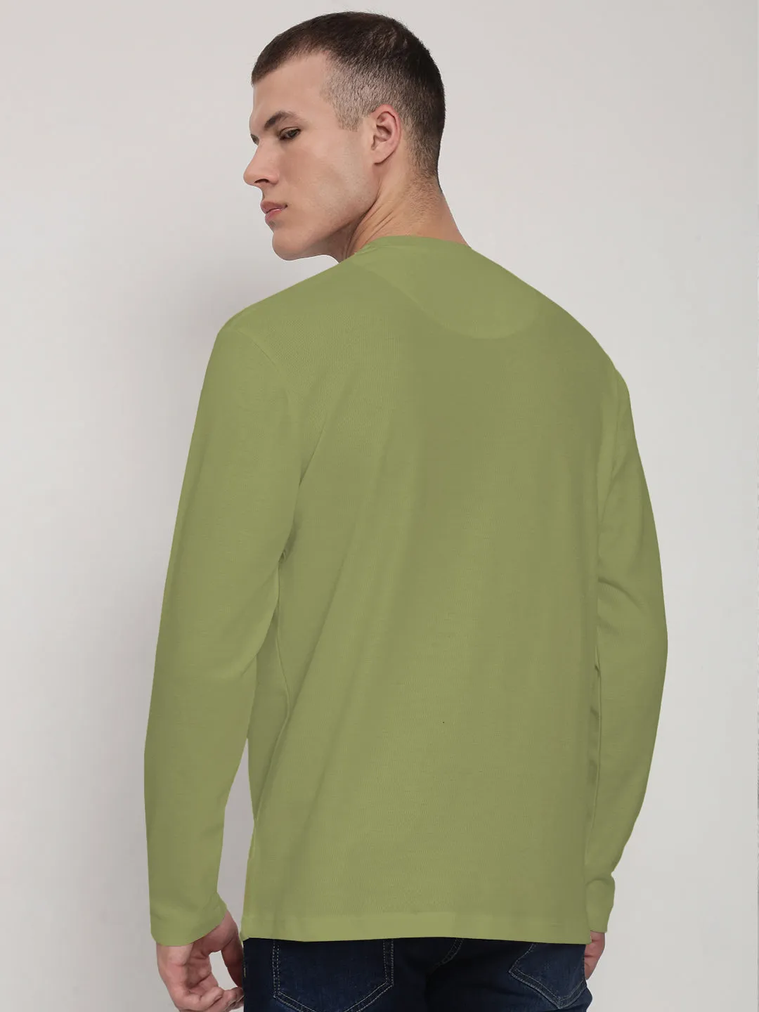 Men's Green Long Sleeves Round Neck Slim Fit T-Shirt Zip Closure