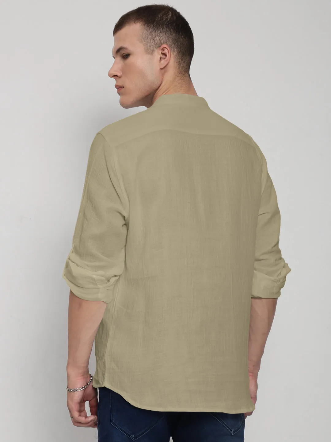 Men's Green Mandarin Collar Shirt FadeResistantColors ReflectiveDetails