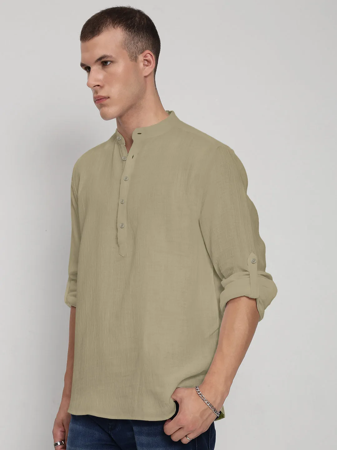 AntiClingFabric Men's Green Mandarin Collar Shirt