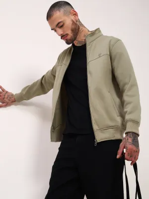 Smart Casual Men's Green Mock Collar Solid Sweatshirt