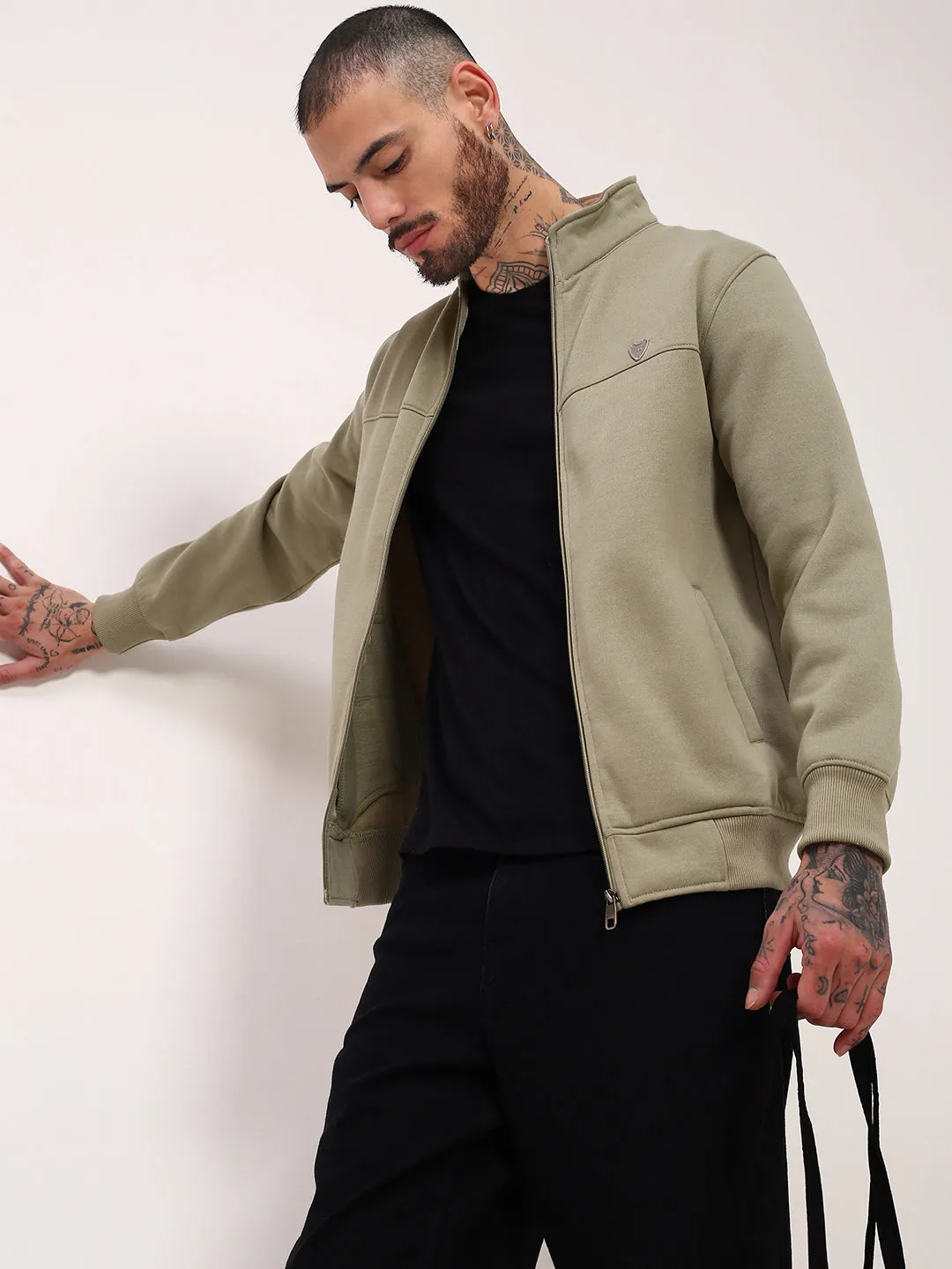 Smart Casual Men's Green Mock Collar Solid Sweatshirt