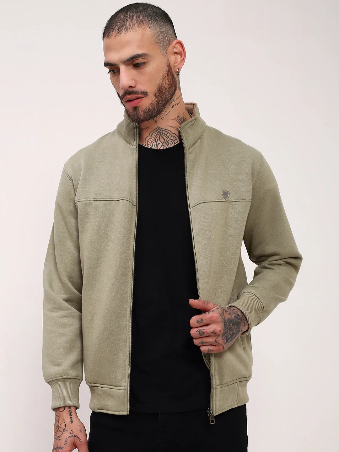 Men's Green Mock Collar Solid Sweatshirt Trendy Fashion Long Sleeve