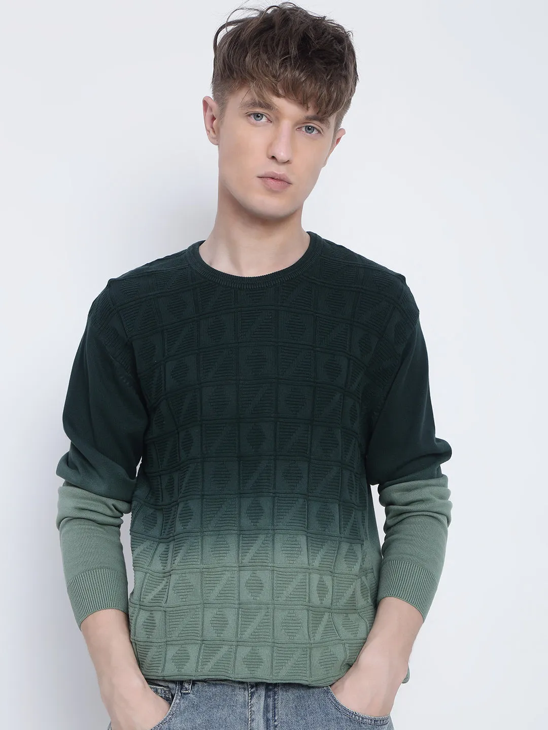 Minimal Shrinkage Men's Green Ombre Textured Sweater