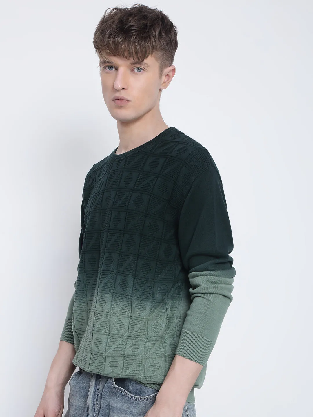 Wide Hem Detail Clean Cut Men's Green Ombre Textured Sweater