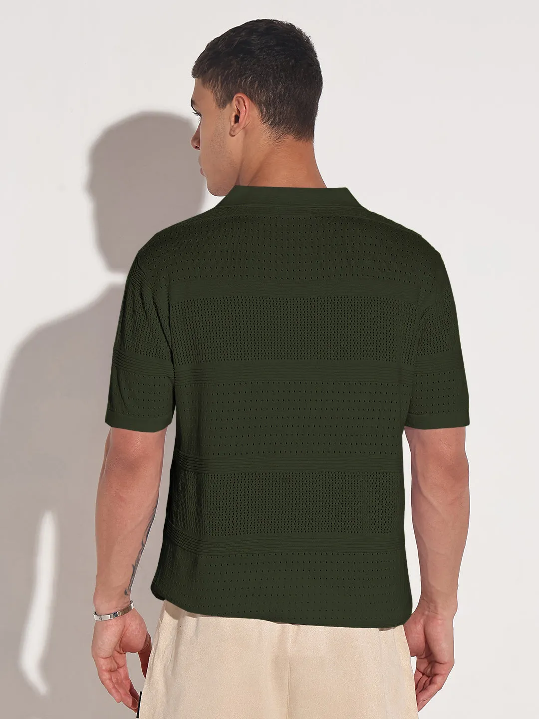Men's Green Polo Collar Regular Fit Semi Sheer T-Shirt Motion Core