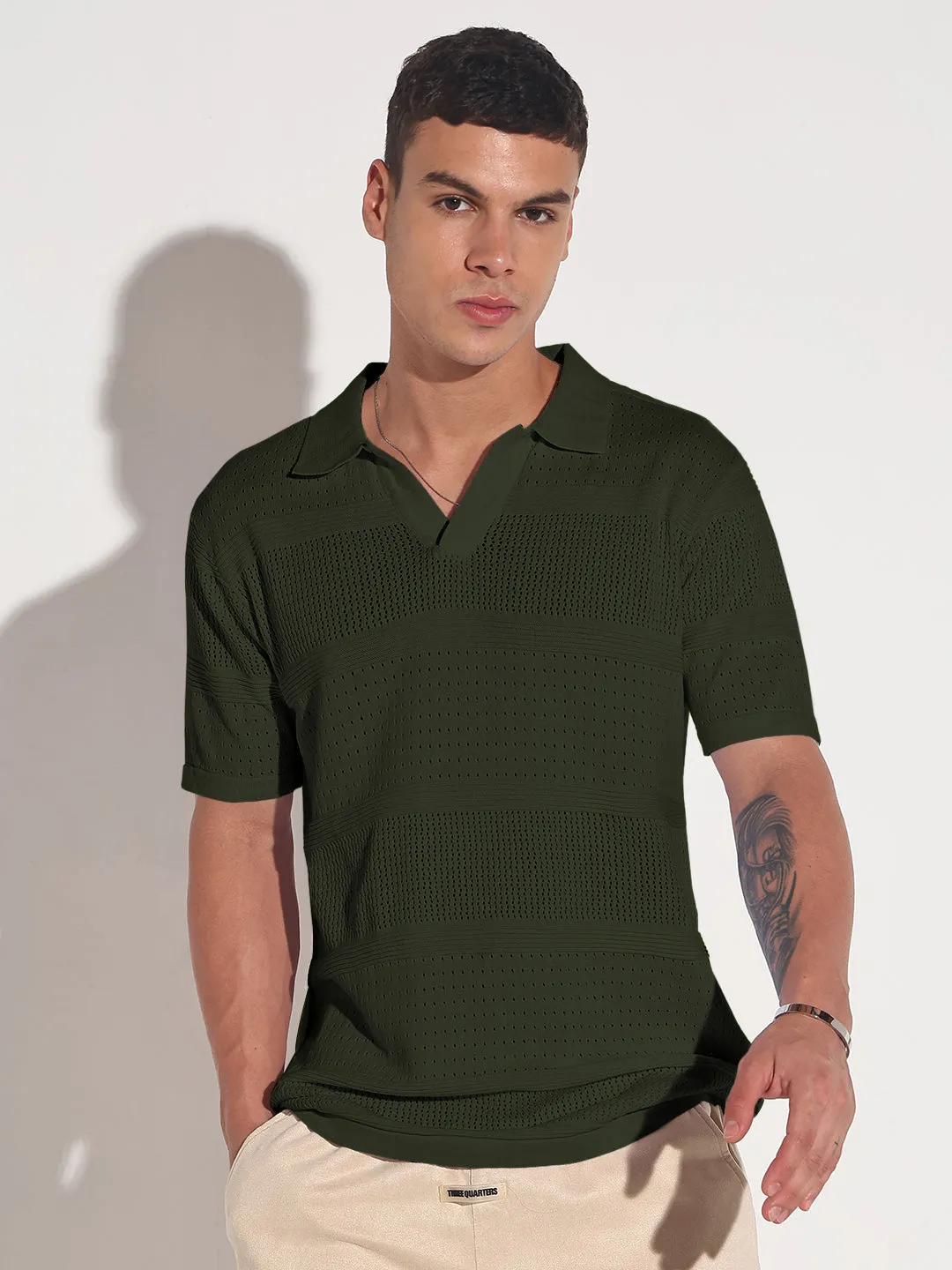 AntiClingFabric Men's Green Polo Collar Regular Fit Semi Sheer T-Shirt
