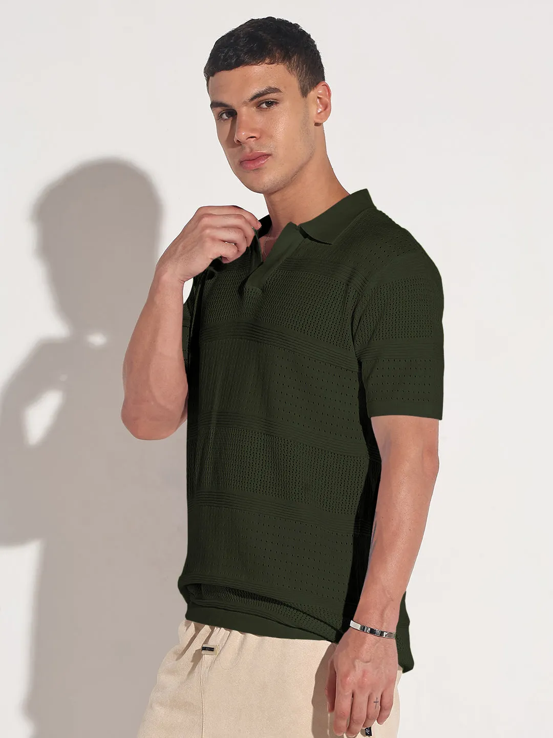 Men's Green Polo Collar Regular Fit Semi Sheer T-Shirt DurableBlend Dense Fit