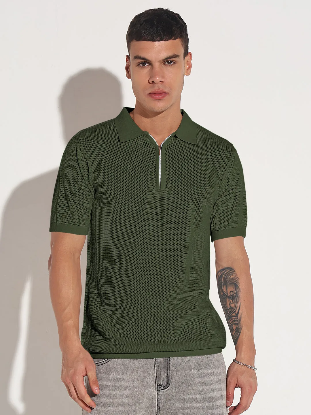 Street Edge Relaxed Style Men's Green Polo Collar T-Shirt