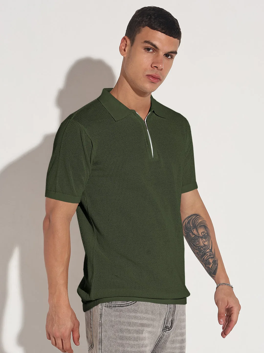 Casual Pants SmoothFinish Men's Green Polo Collar T-Shirt