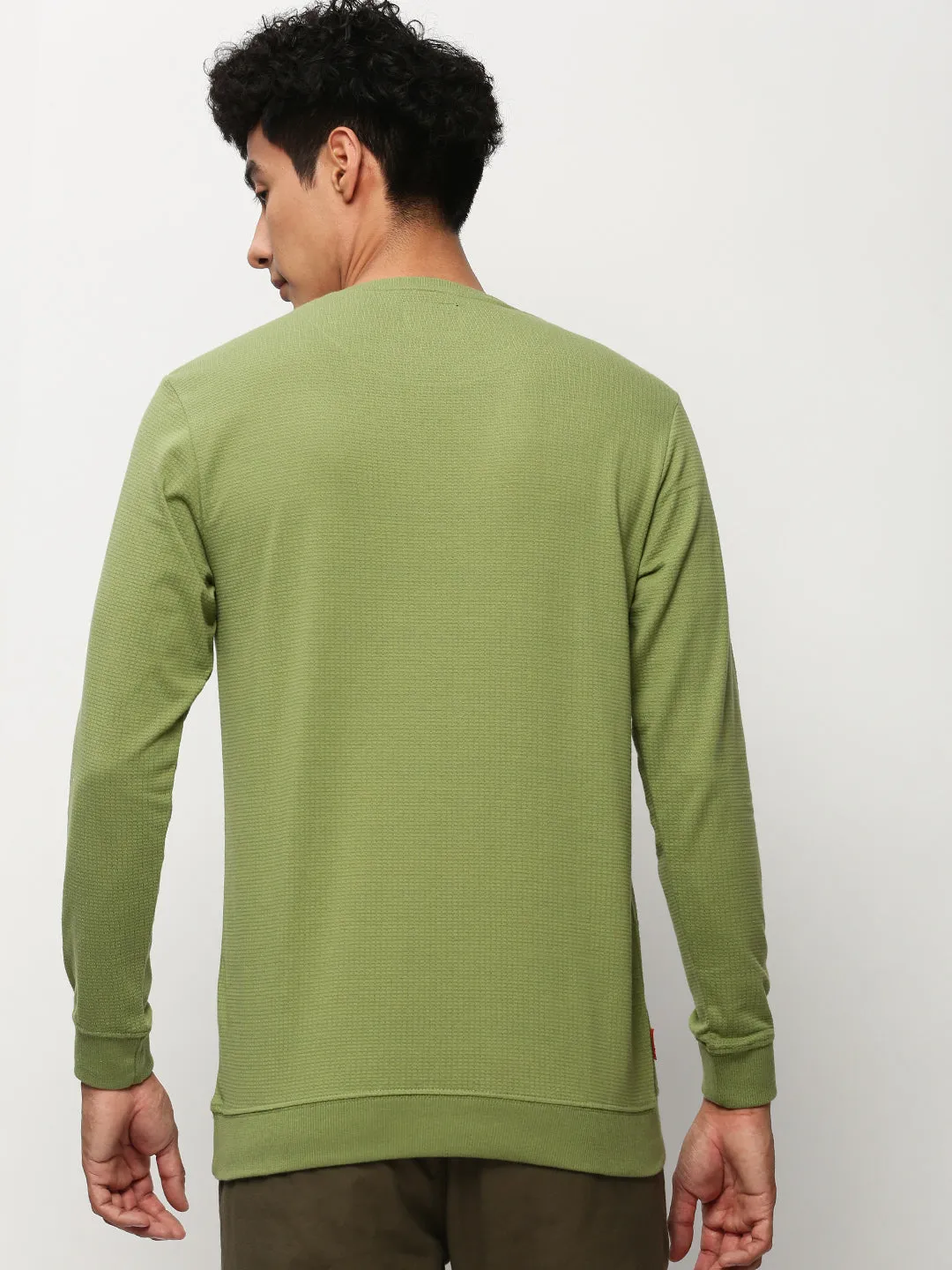 Corduroy earthy colors Men's Green Round Neck Cotton Sweatshirt
