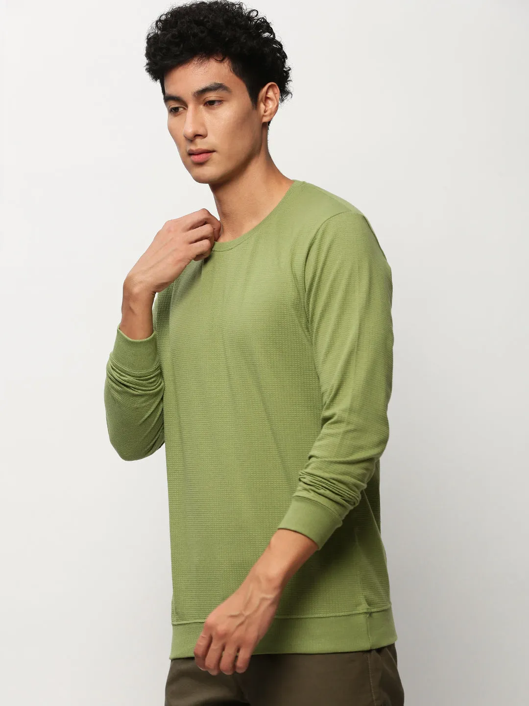 short sleeves Men's Green Round Neck Cotton Sweatshirt