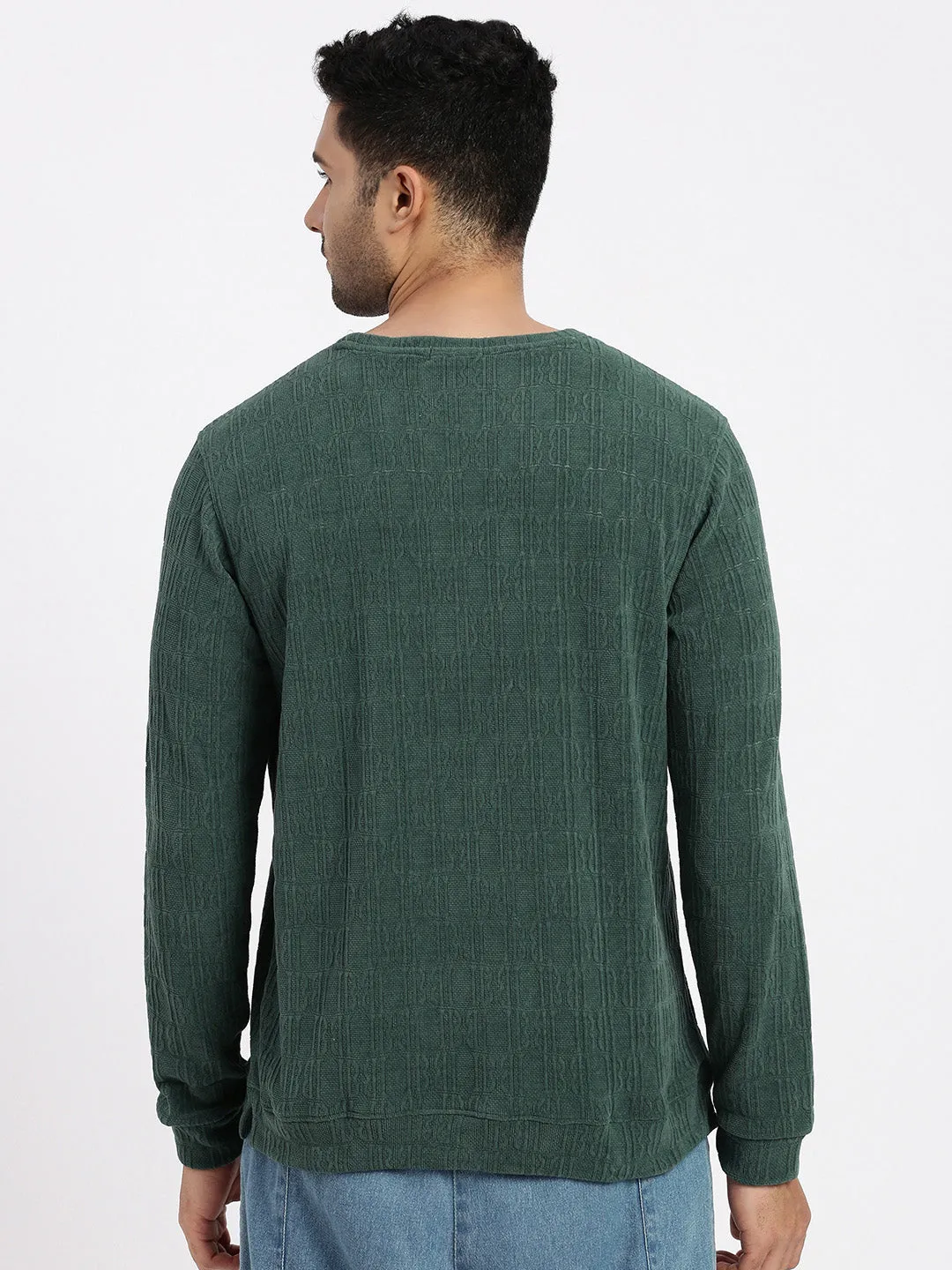 Men's Green Self Design Round Neck Sweatshirt Easy Layer Cozy Layers