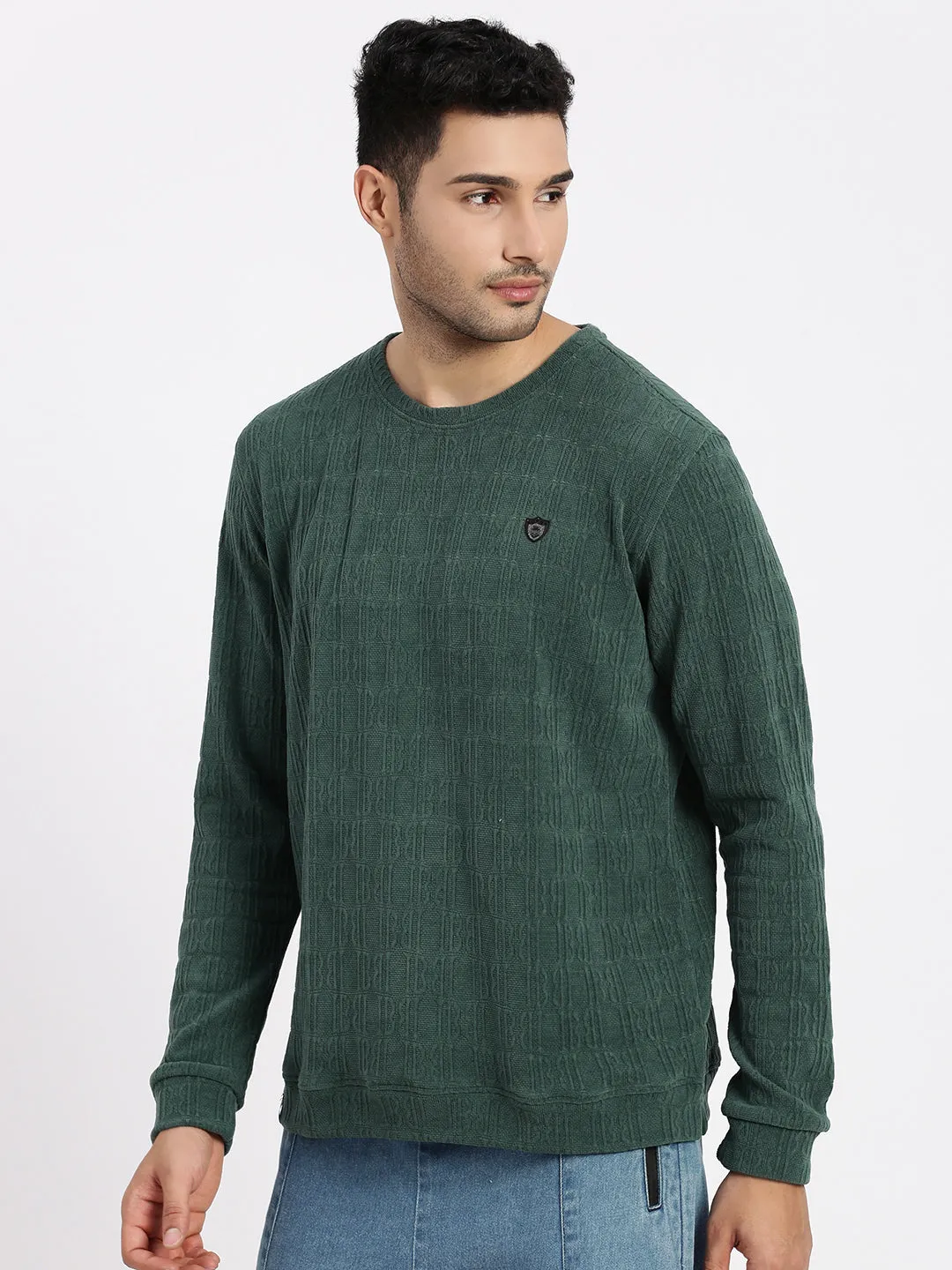 product weekend wearability Date night Men's Green Self Design Round Neck Sweatshirt