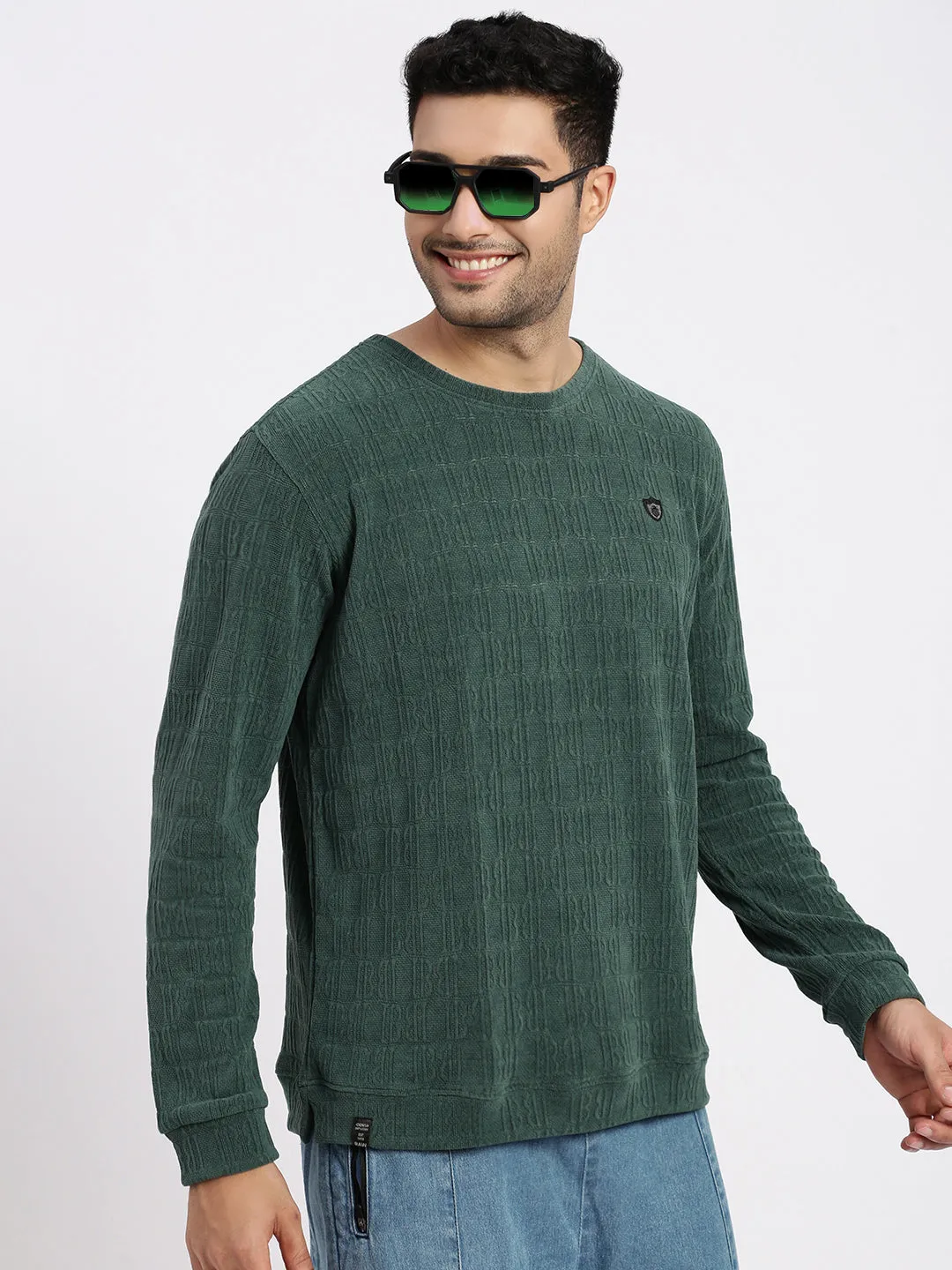 Minimalist Wear Men's Green Self Design Round Neck Sweatshirt