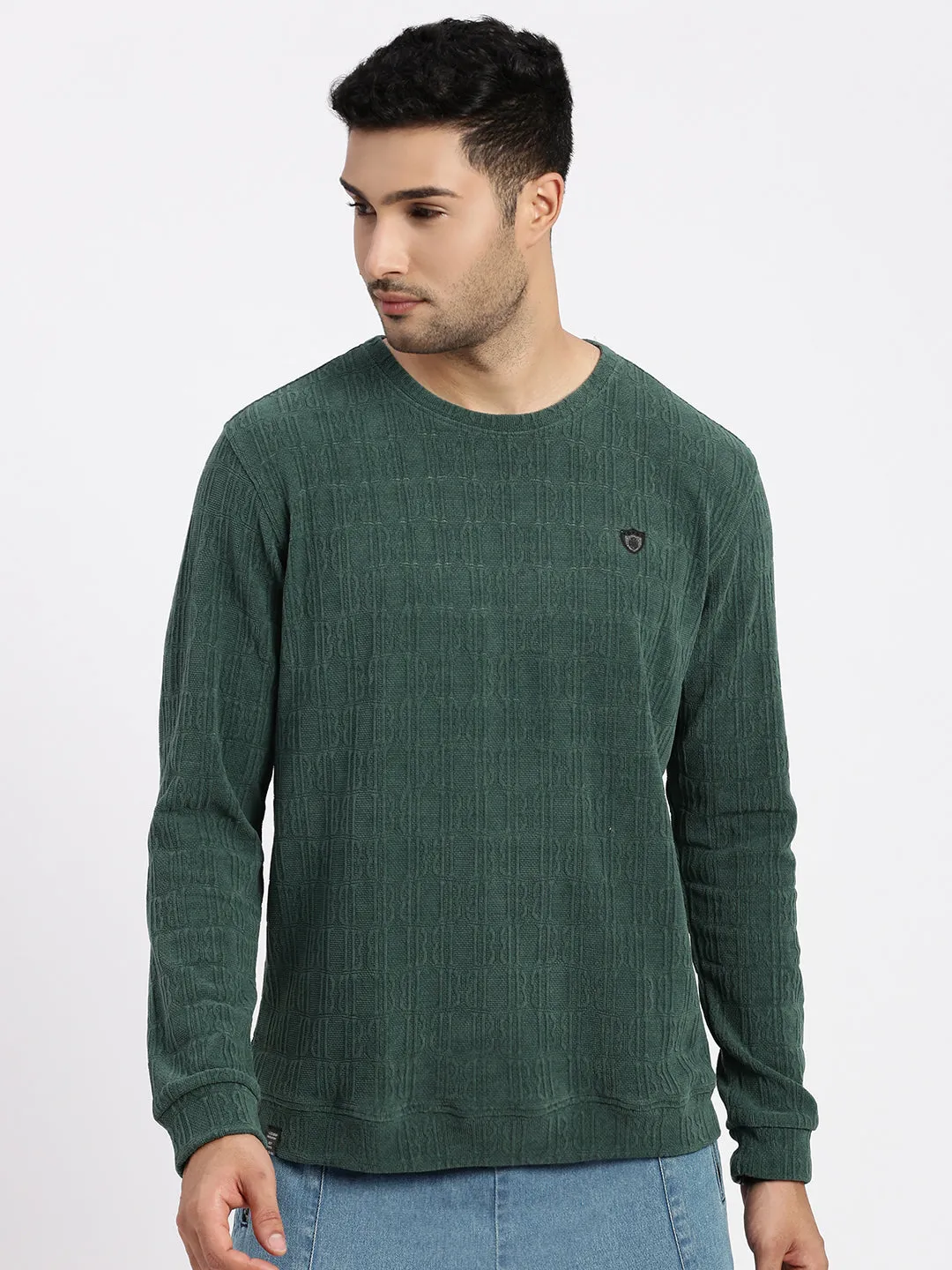 Men's Green Self Design Round Neck Sweatshirt Yoga wear
