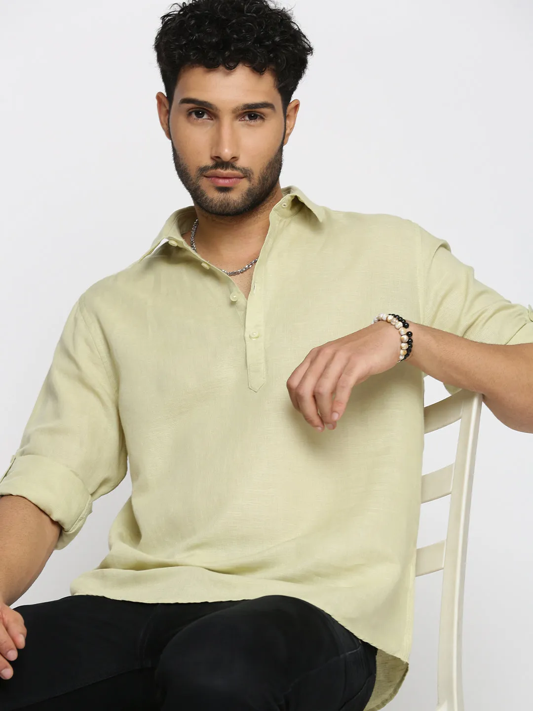 Ultraviolet Protection Scandi Clean Men's Green Shirt Collar Roll-Up Sleeves Straight Shirt