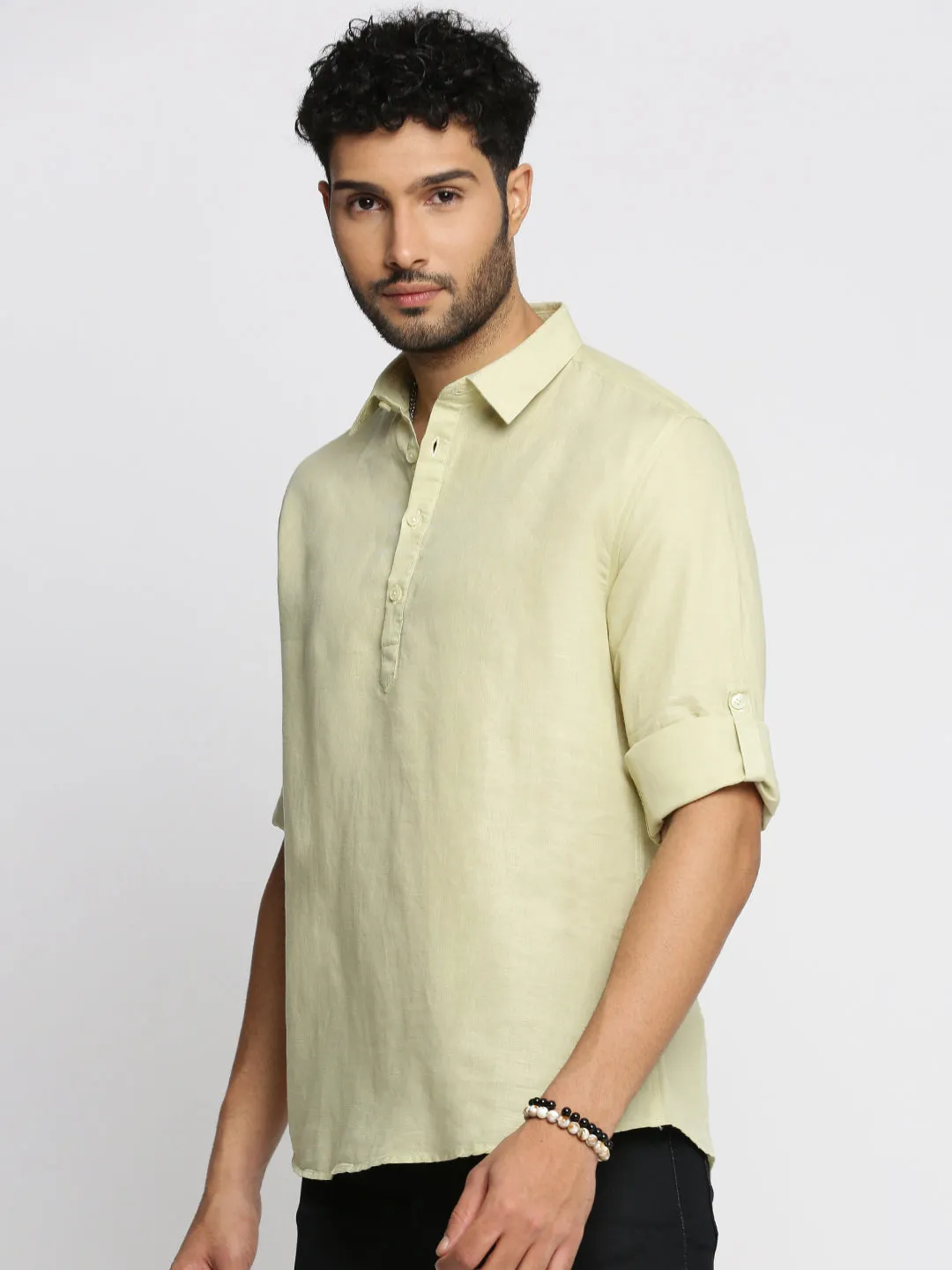 Men's Green Shirt Collar Roll-Up Sleeves Straight Shirt StainReleaseCoating