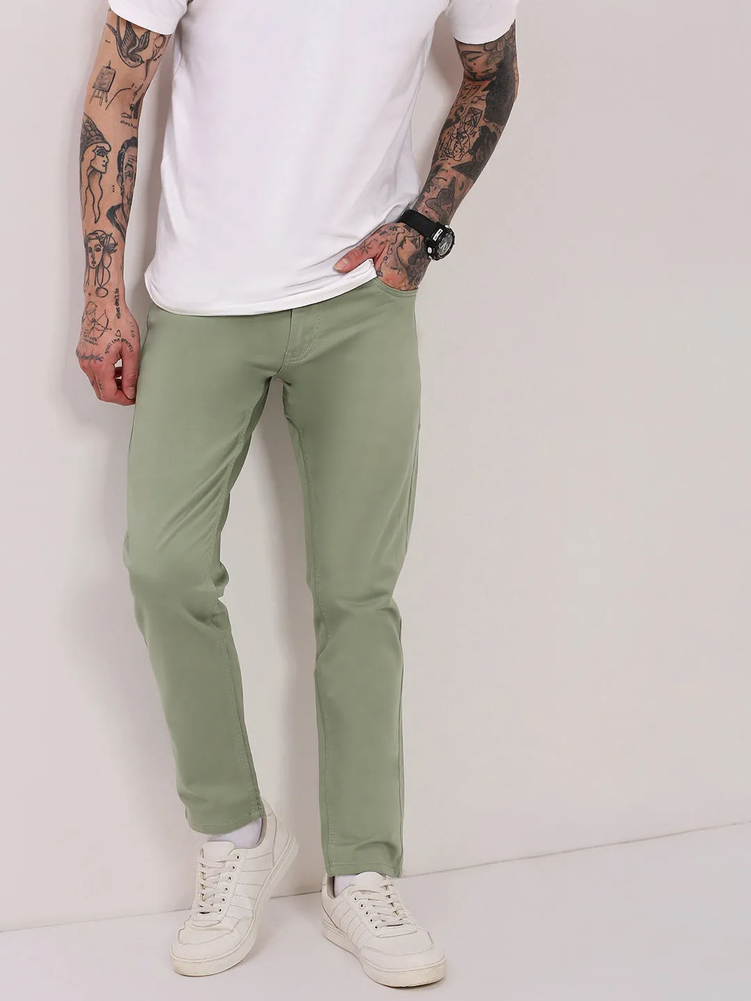 Essential Wear Men's Green Slim Fit Jeans