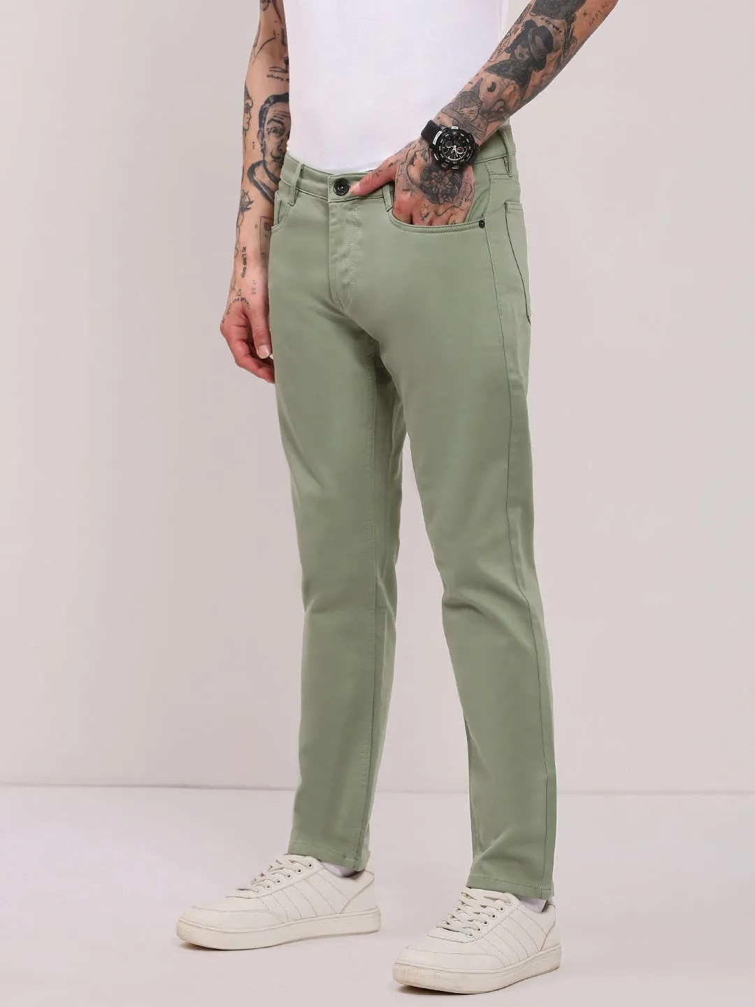 One For All Men's Green Slim Fit Jeans