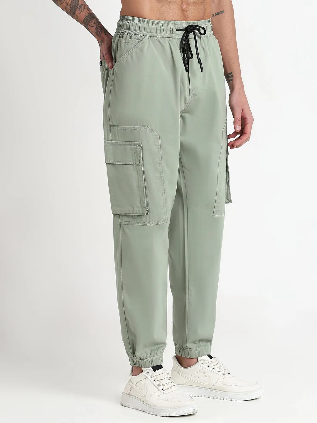 Laser cut Supportive Waistband Men's Green Solid Cargo Joggers