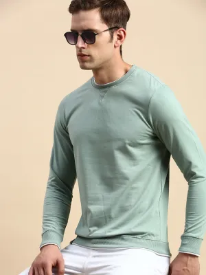 Street Minimal Embroidered Logo Men's Green Solid Casual Sweatshirt