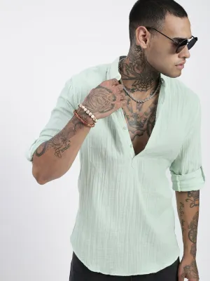 Men's Green Solid Cotton Shirt Pure Tone Elegant Layer