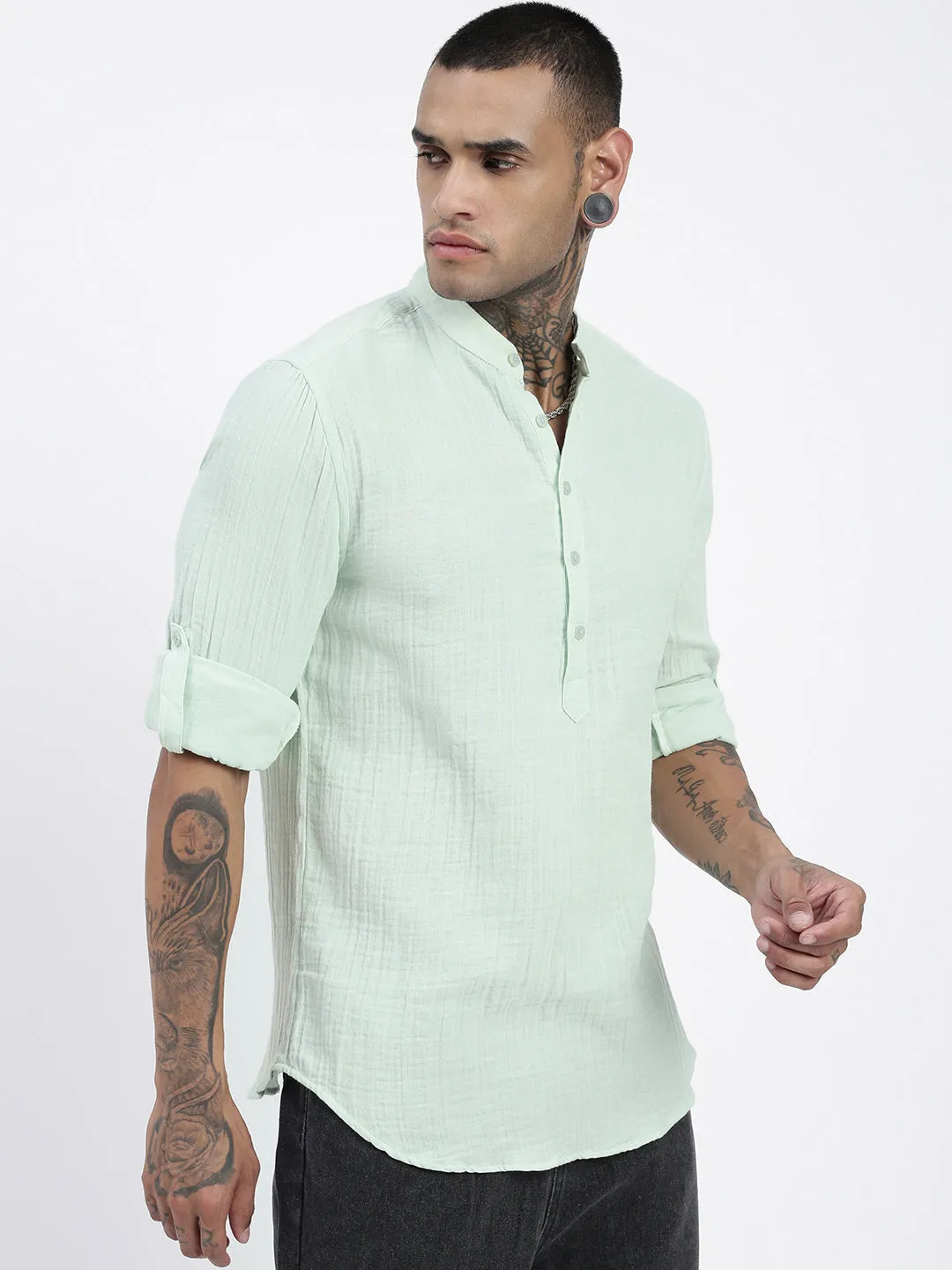 Men's Green Solid Cotton Shirt Wonder Fit Pure Tone