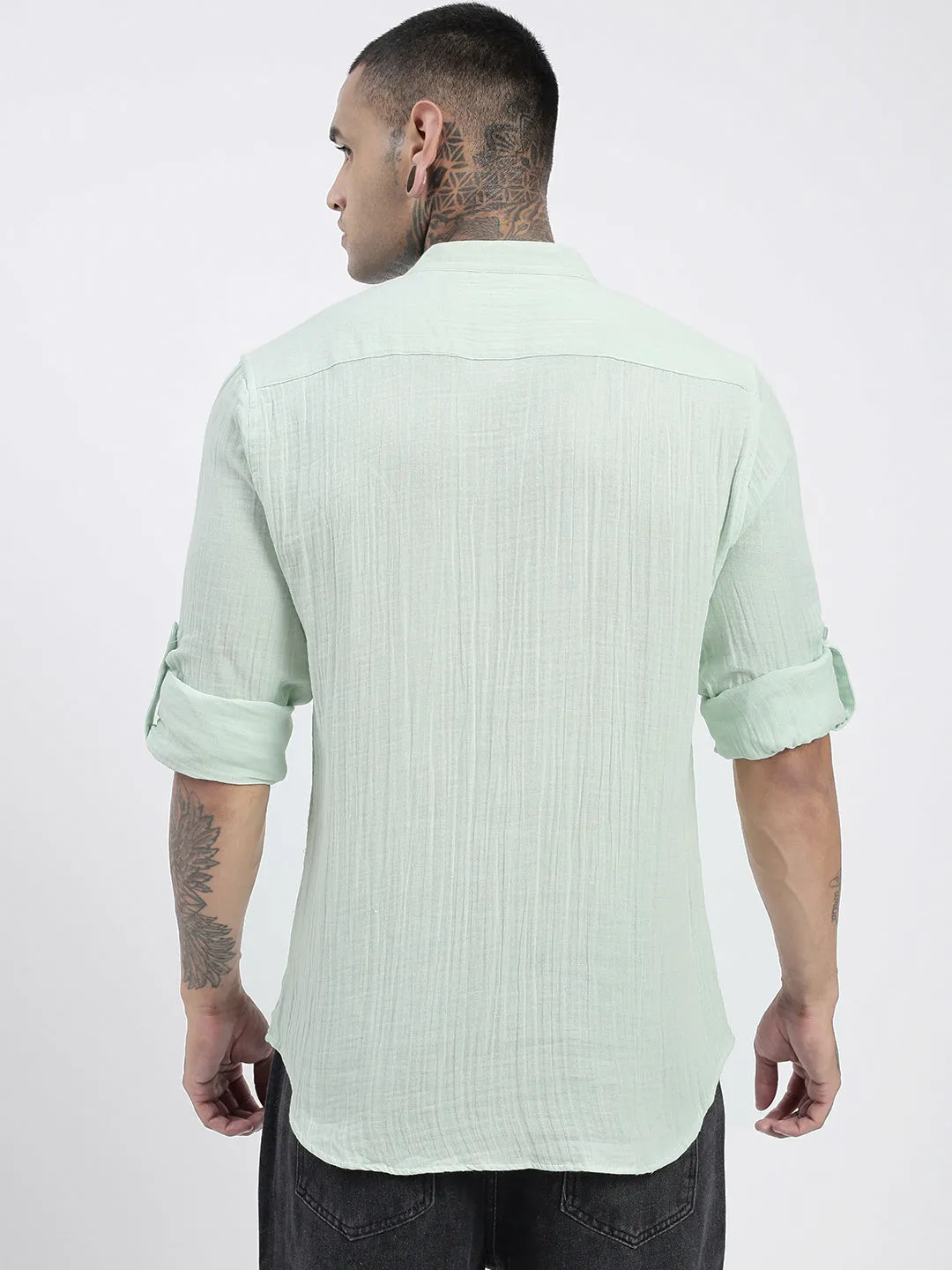 Men's Green Solid Cotton Shirt Airflow Mesh Panels