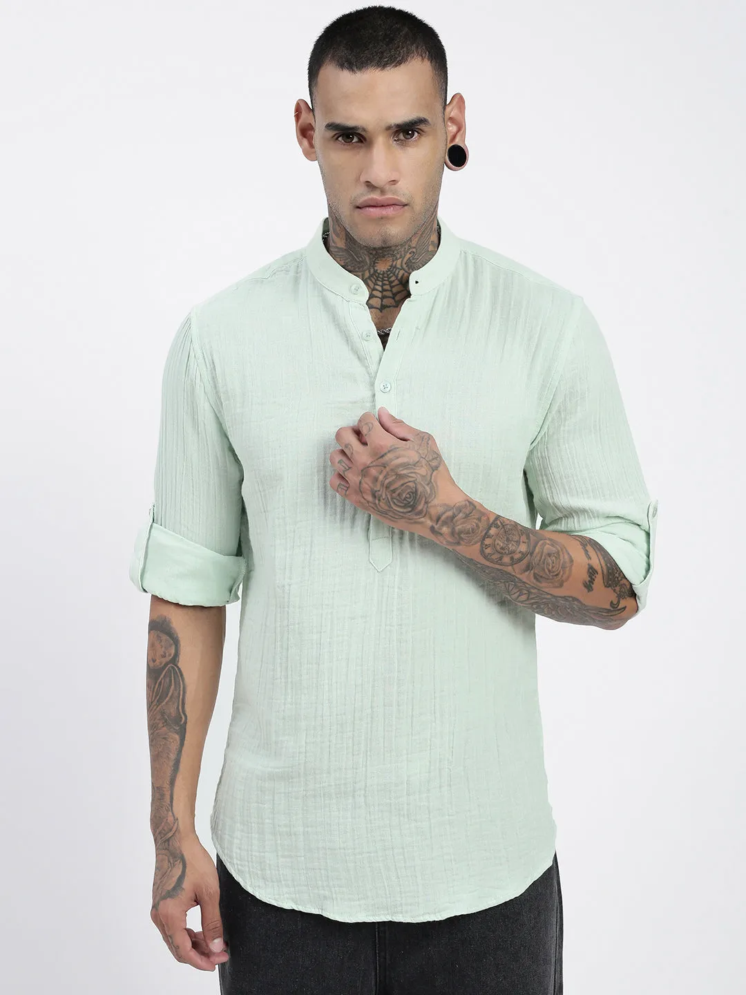 Simple Layering Men's Green Solid Cotton Shirt