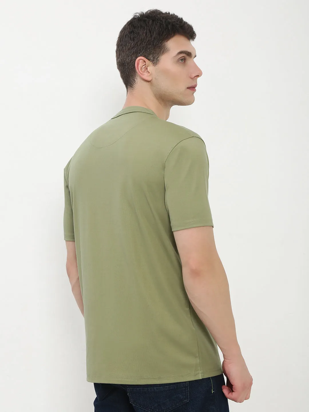 Men's Green Solid Henley Collar T-Shirt Vintage Style Trendy Outerwear