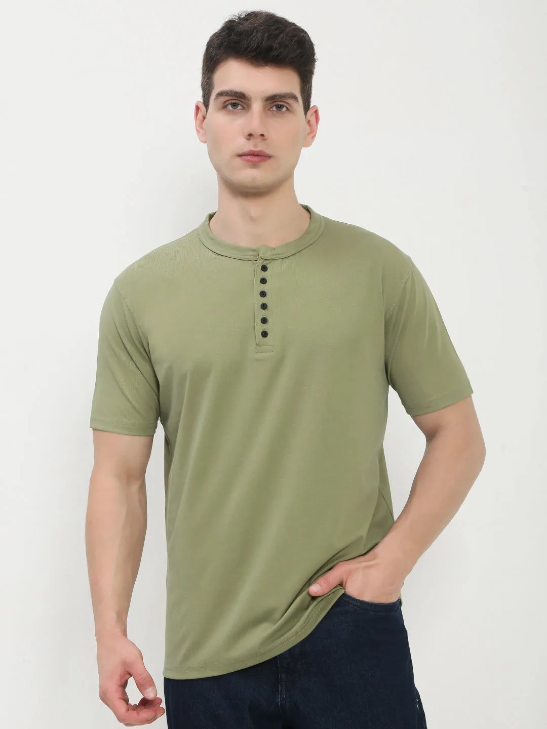 Camping Gear Men's Green Solid Henley Collar T-Shirt