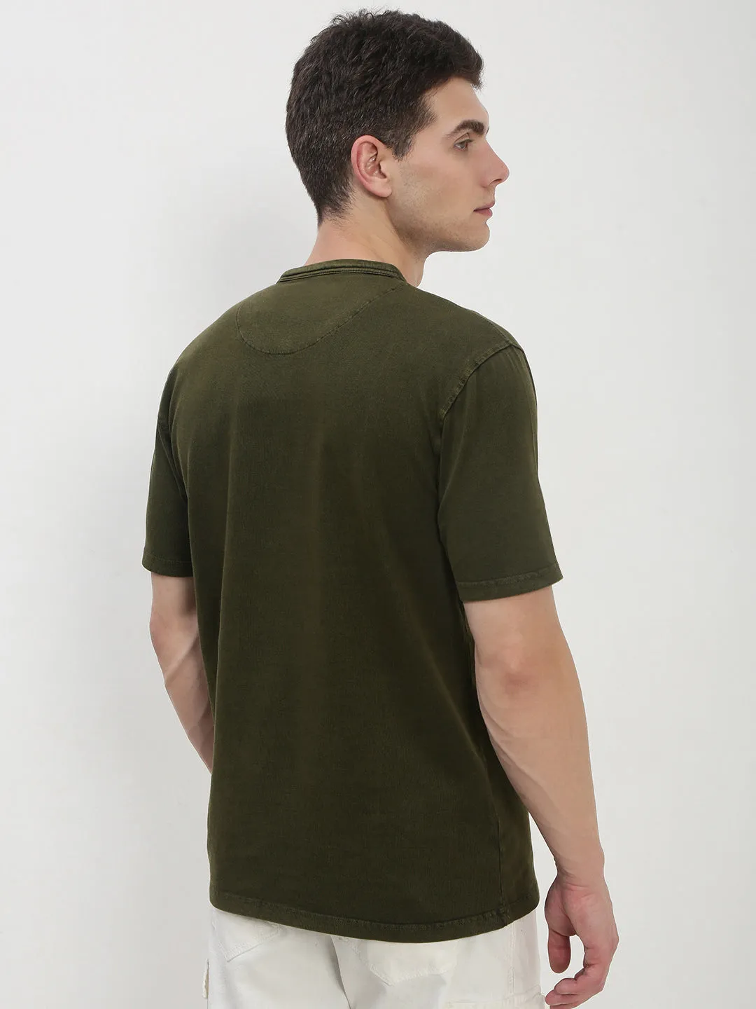 Men's Green Solid Henley Collar T-Shirt Polyester Material school wear